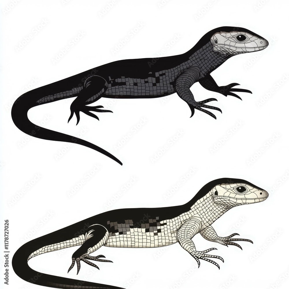 Fototapeta premium Black and White Lizards: Detailed Illustrations of Scaled Reptiles