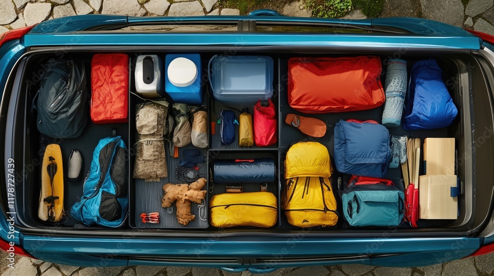 A high-capacity car organizer box packed with camping gear and essentials A high-capacity car organizer box packed with camping gear and essentials