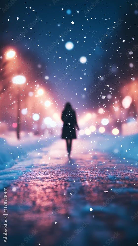 Obraz premium Blurred glowing golden light reflecting softly on a snowy forest road creating a peaceful and magical wintertime backdrop