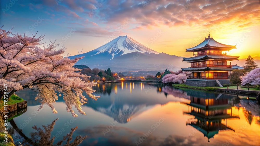 Sakura petals dance with Fuji's majestic silhouette, a sunrise-kissed temple and shrine, a double exposure of serene Japan. Sakura petals dance with Fuji's majestic silhouette, a sunrise-kissed temple and shrine, a double exposure of serene Japan.