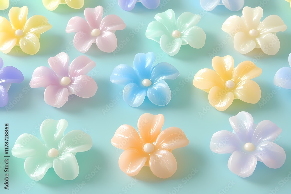 Obraz premium Colorful Decorative Flowers on Soft Blue Background in Pastel Shades