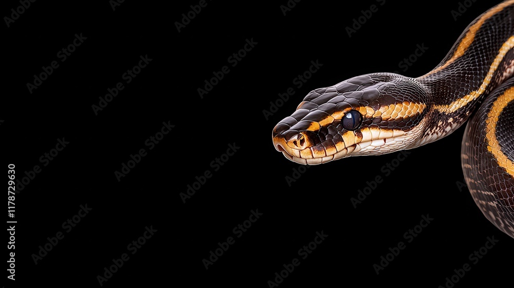A striking close-up of a colorful python against a black background, showcasing its intricate patterns and textures. A striking close-up of a colorful python against a black background, showcasing its intricate patterns and textures.