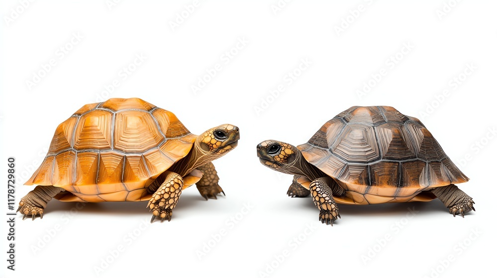 Obraz premium Two tortoises facing each other, one with a lighter shell and the other with a darker shell, set against a white background.