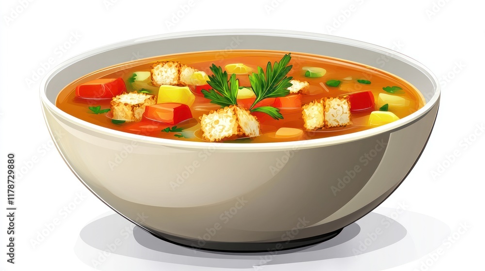 Bowl of hearty vegetable soup with croutons and parsley. Bowl of hearty vegetable soup with croutons and parsley.