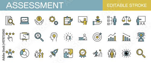 Assessment line icons set. Audit, analysis, plan, evaluation, quality process, result and goal. Editable stroke, vector illustration, color