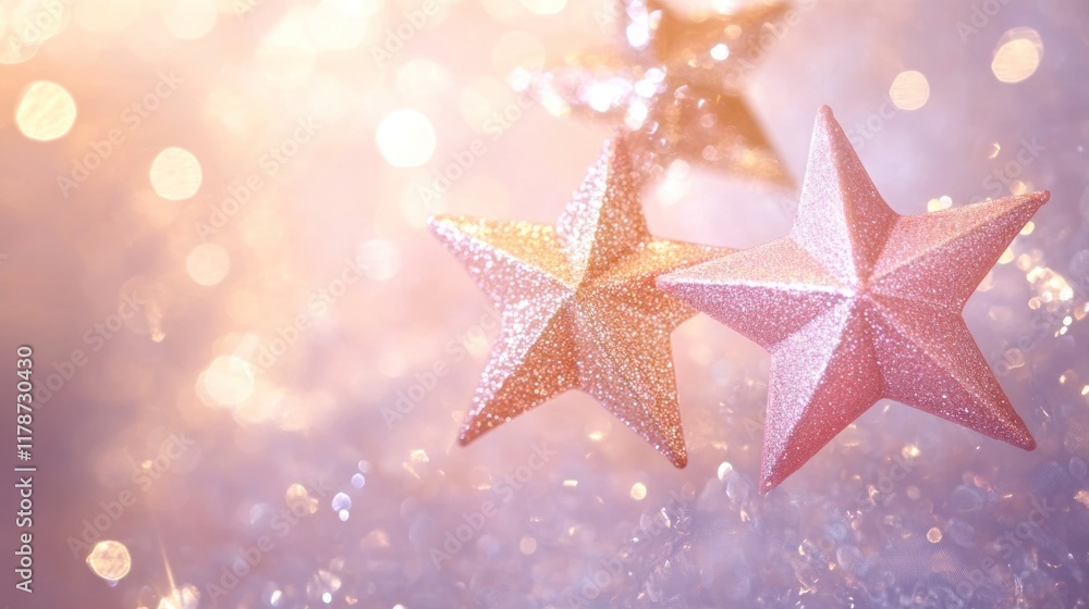 Pink and gold glitter stars on sparkling background. Pink and gold glitter stars on sparkling background.