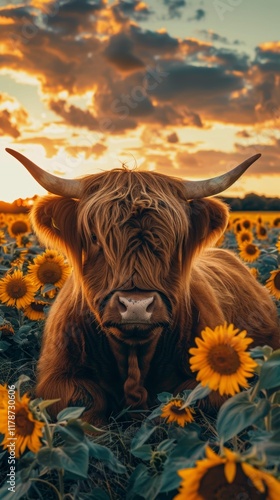 Highland Cow in a Sunflower Field at Sunset - perfect for rural landscape, agriculture, and nature themes photo