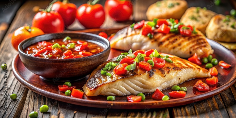 Spicy salsa explodes across succulent grilled fish dumplings in a captivating bokeh photo. Spicy salsa explodes across succulent grilled fish dumplings in a captivating bokeh photo.