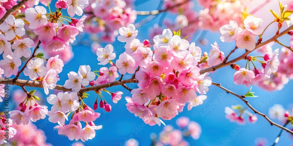 Spring's arrival: cherry blossoms and a tempting dessert, bathed in sunlight against a clear blue sky. Spring's arrival: cherry blossoms and a tempting dessert, bathed in sunlight against a clear blue sky.