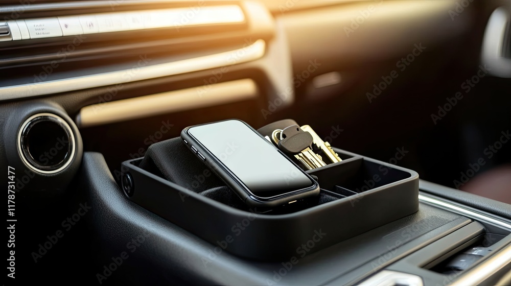 A small car organizer box on the dashboard with phone and keys A small car organizer box on the dashboard with phone and keys