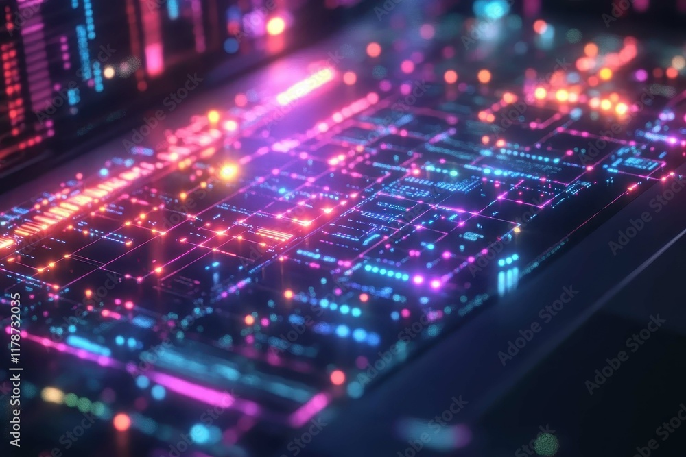 Colorful abstract representation of a computer circuit board illuminated with vibrant lights at night Colorful abstract representation of a computer circuit board illuminated with vibrant lights at night