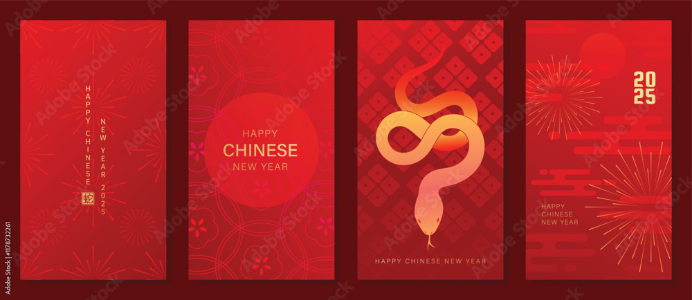 Fototapeta premium Chinese New Year 2025 hongbao red envelope design vector. Collection of Chinese festival with flower, snake, firework, pattern. Elegant oriental illustration for angpao, cover, website, calendar, ads.