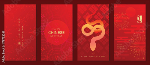 Chinese New Year 2025 hongbao red envelope design vector. Collection of Chinese festival with flower, snake, firework, pattern. Elegant oriental illustration for angpao, cover, website, calendar, ads.