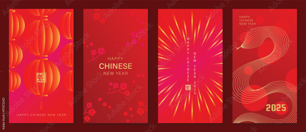 Fototapeta premium Chinese New Year 2025 hongbao red envelope design vector. Collection of Chinese festival with flower, snake, lantern, pattern. Elegant oriental illustration for angpao, cover, website, calendar, ads.