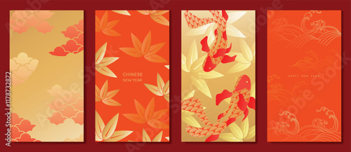 Chinese New Year 2025 hongbao red envelope design vector. Collection of Chinese festival with fish, cloud, sea wave, pattern. Elegant oriental illustration for angpao, cover, website, calendar, ads.