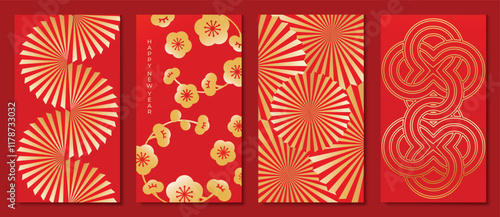 Chinese New Year 2025 hongbao red envelope design vector. Collection of Chinese festival with flower, fan, pattern. Elegant oriental illustration for angpao, cover, website, calendar, ads.