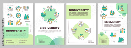 Biodiversity green circle brochure template. Causes of biodiversity loss. Ecosystems. Leaflet design with linear icons. Editable 4 vector layouts. Arial-Black, Myriad Pro-Regular fonts used