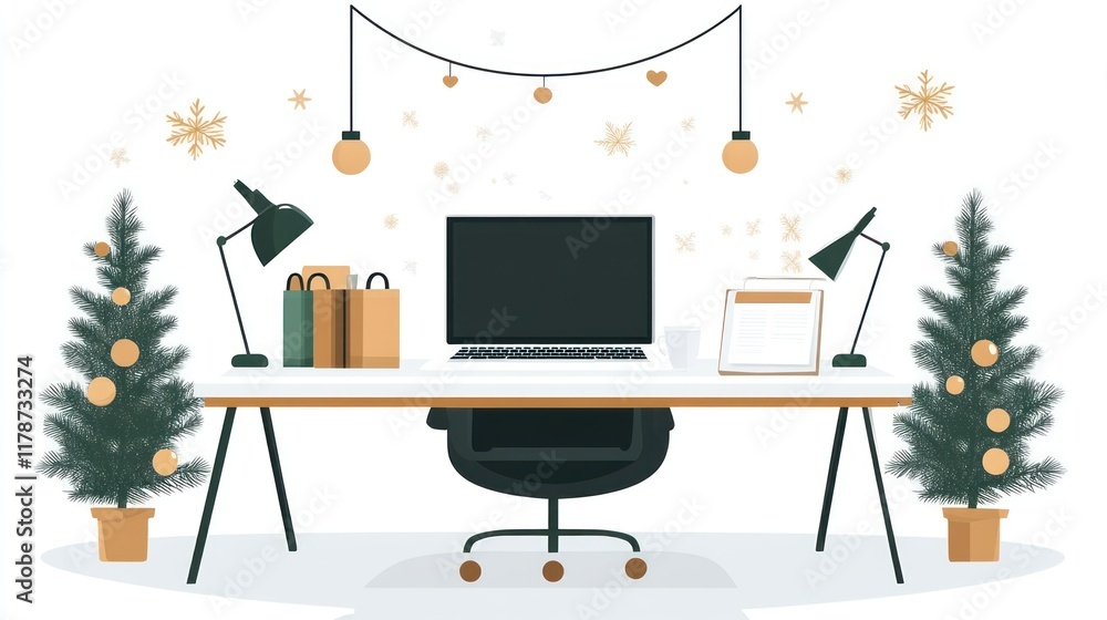 Fototapeta premium Festive workspace with computer, Christmas trees, and lights.