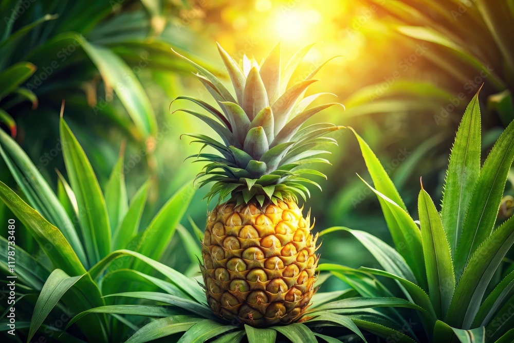 Sun-drenched pineapple slice, vibrant against green foliage. Exotic tropical fruit photography. Sun-drenched pineapple slice, vibrant against green foliage. Exotic tropical fruit photography.