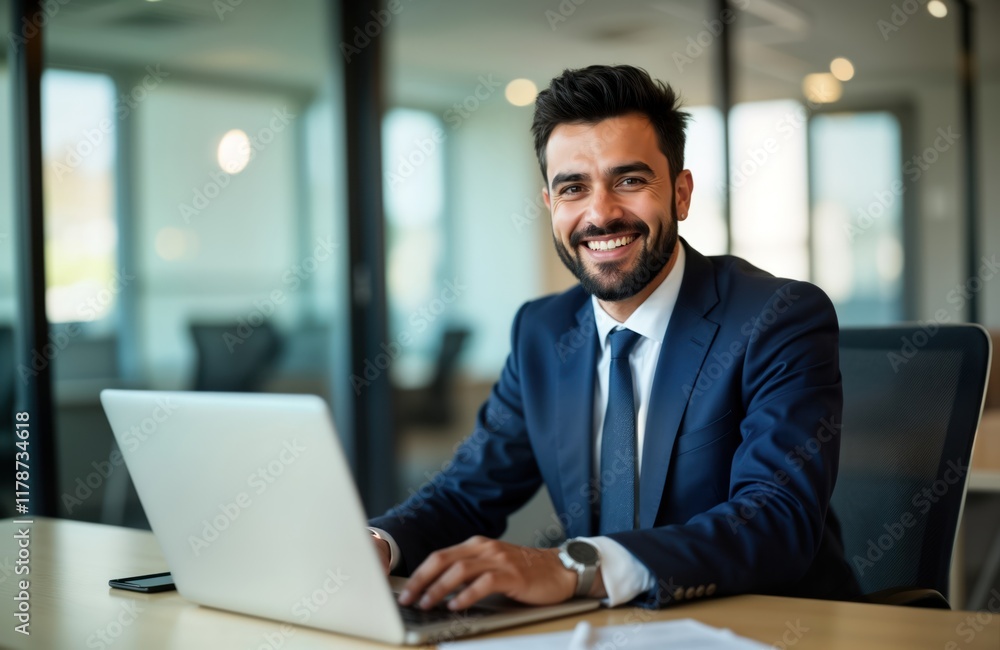 Smiling young arab businessman works on laptop inside modern office. Business man in suit sits at desk and looks directly at camera. He is focused on work in professional office environment. Smiling young arab businessman works on laptop inside modern office. Business man in suit sits at desk and looks directly at camera. He is focused on work in professional office environment.