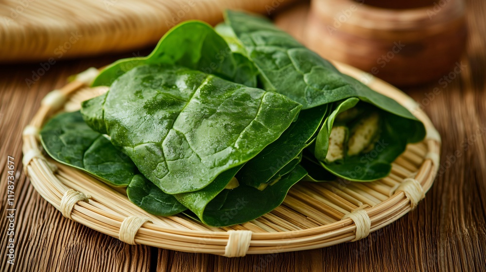 Spinach leaves served with fried tofu, isolated on a casual bamboo mat Spinach leaves served with fried tofu, isolated on a casual bamboo mat