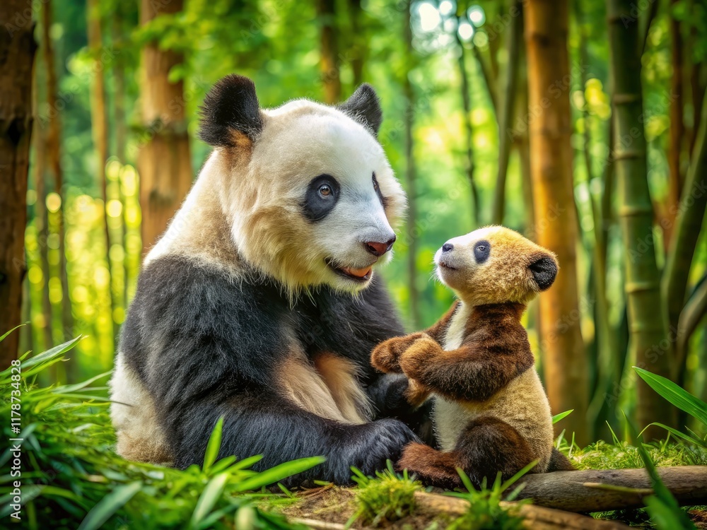 Obraz premium Sweet panda embraces a soft teddy bear, a heartwarming wildlife scene.