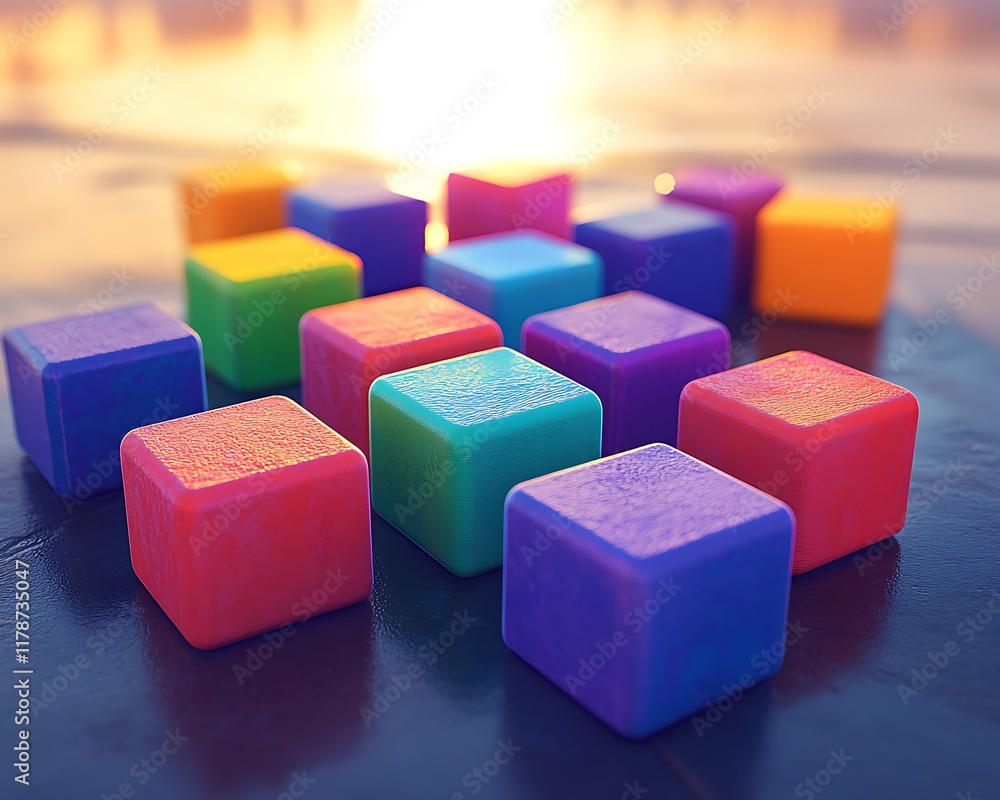 A set of vibrant interactive building blocks with colorful shapes lying on a smooth surface with soft sunlight shining on them A set of vibrant interactive building blocks with colorful shapes lying on a smooth surface with soft sunlight shining on them