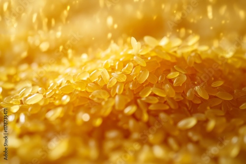 Golden grains of rice illuminated by soft warm light photo