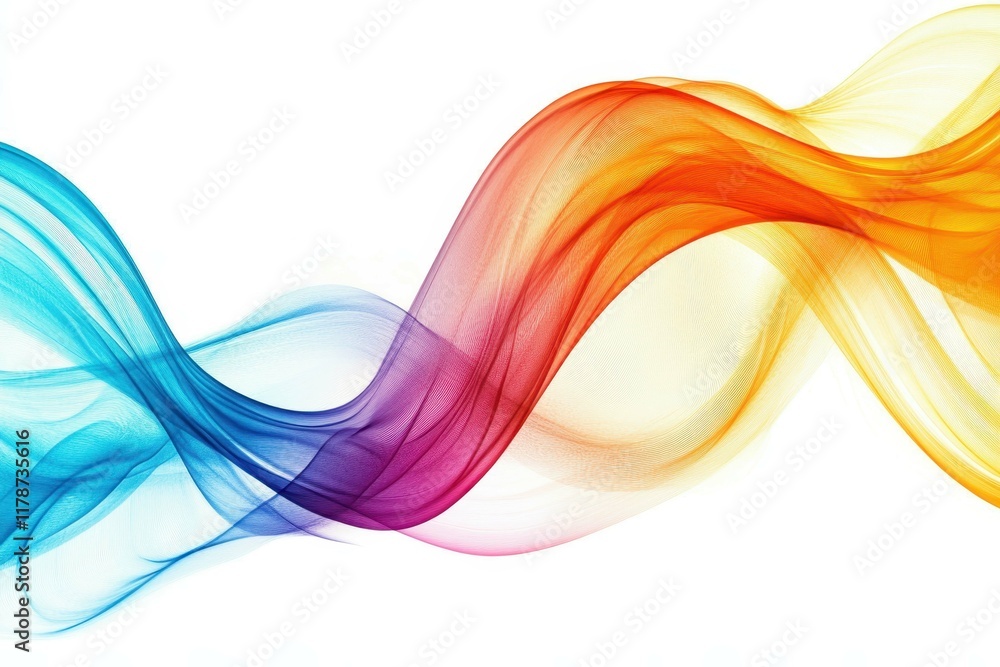 Obraz premium Abstract colorful waves swirl gracefully, blending vibrant hues of blue, purple, orange, and yellow against a white background