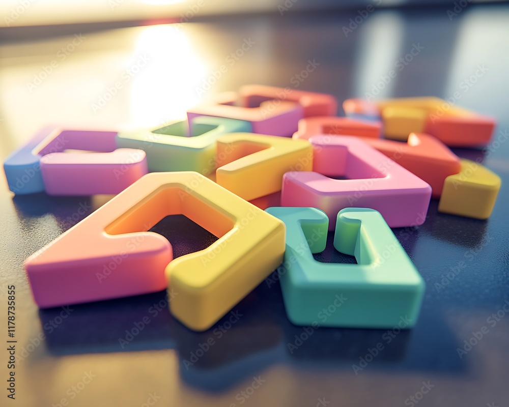 A set of vibrant interactive building blocks with colorful shapes lying on a smooth surface with soft sunlight shining on them A set of vibrant interactive building blocks with colorful shapes lying on a smooth surface with soft sunlight shining on them