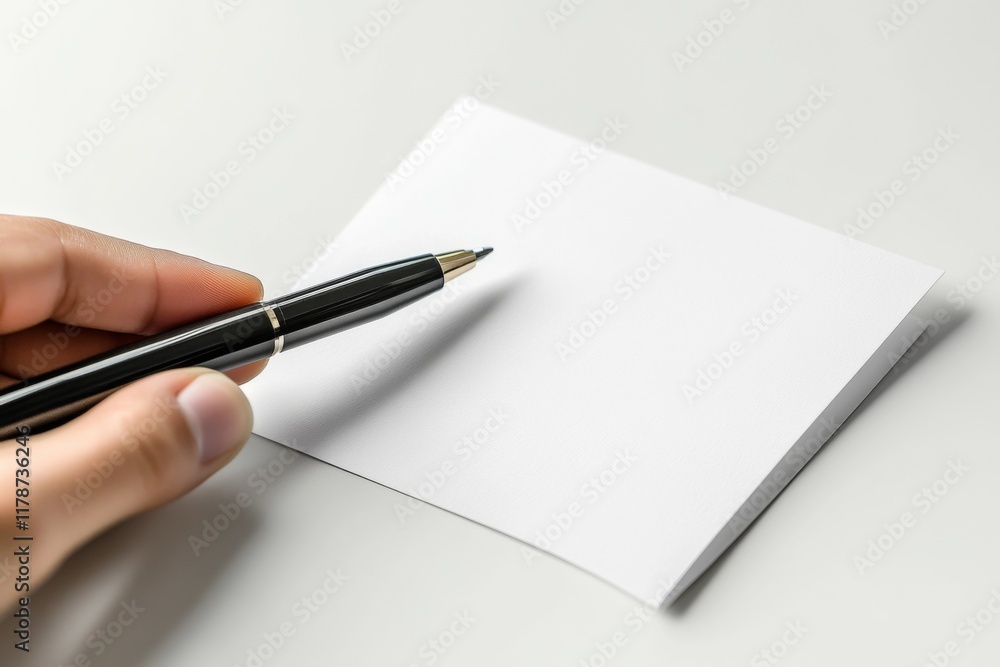 Hand holding a pen writing on a blank white sheet of paper Hand holding a pen writing on a blank white sheet of paper