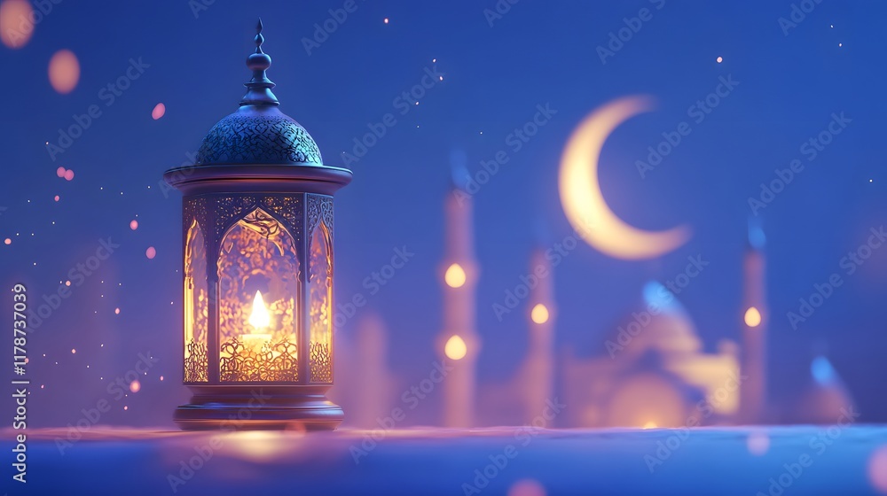 Lantern and a crescent moon for Eid Mubarak and Ramadan Kareem on a blue background, with copy space for text Lantern and a crescent moon for Eid Mubarak and Ramadan Kareem on a blue background, with copy space for text