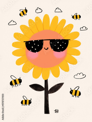cheerful doodle illustration of smiling sunflower wearing sunglasses, surrounded by playful bees and fluffy clouds, radiating joy and positivity