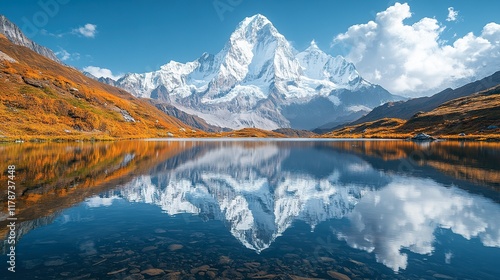 Majestic snow capped mountain reflected in calm autumn lake photo