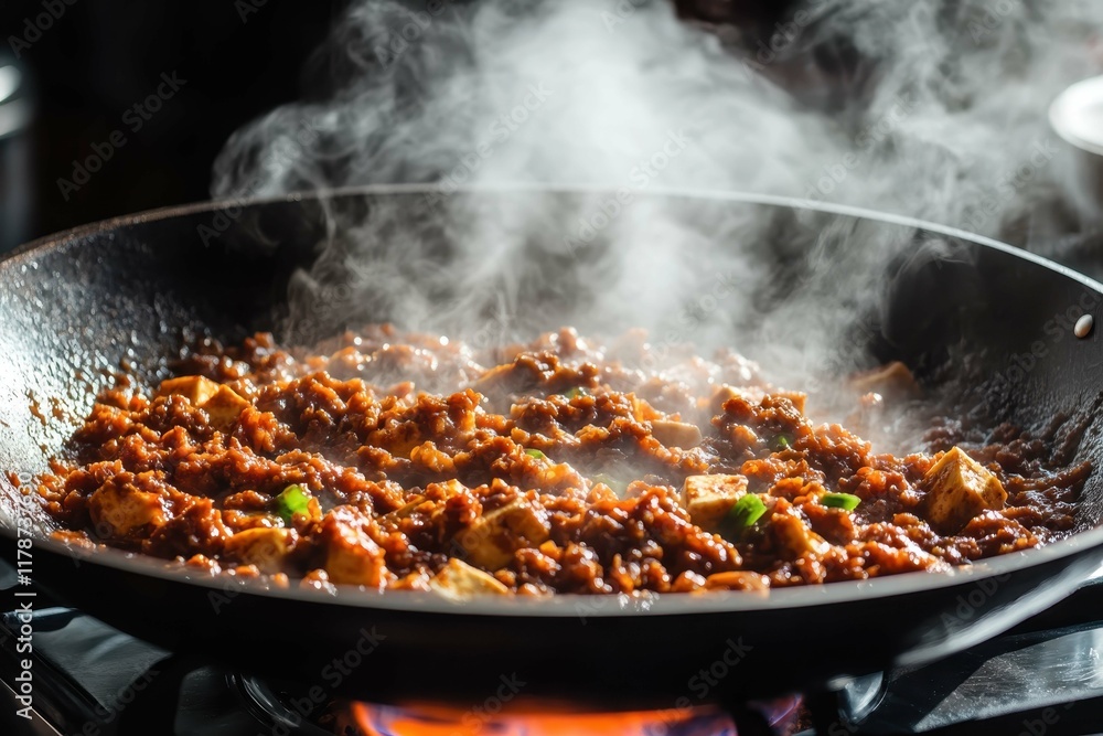 Cooking spicy stir-fry with vegetables and meat over a hot flame in a kitchen setting Cooking spicy stir-fry with vegetables and meat over a hot flame in a kitchen setting