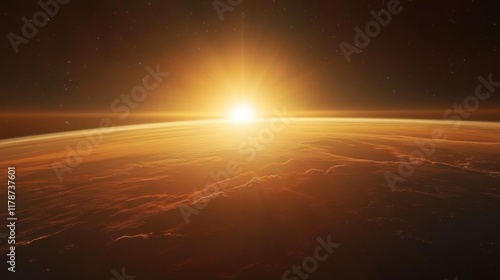 Solar system view with planets orbiting in harmony, a brilliant sunrise breaking over the horizon of the largest planet, showcasing astronomical art photo