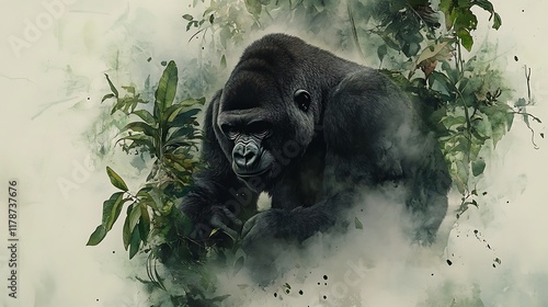 Majestic Gorilla in Misty Rainforest: A Digital Painting AI Generated photo