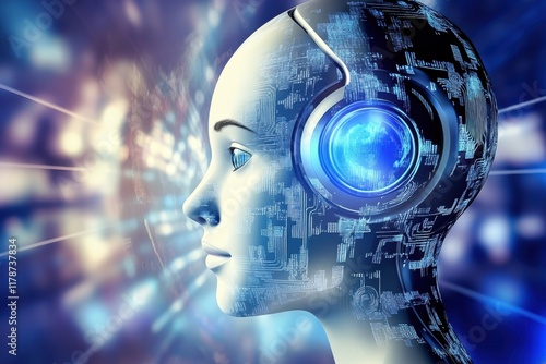 Wallpaper Mural Cyborg head with digital interface and glowing headset in a futuristic environment Torontodigital.ca