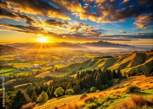 Vintage Christchurch sunrise: Canterbury Plains glow in golden light, a picturesque New Zealand landscape. photo