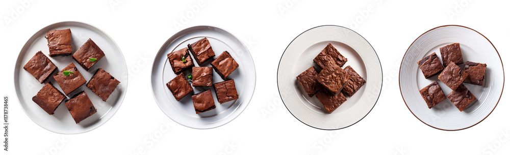 Brownies on white plate on transparent background top view Brownies on white plate on transparent background top view