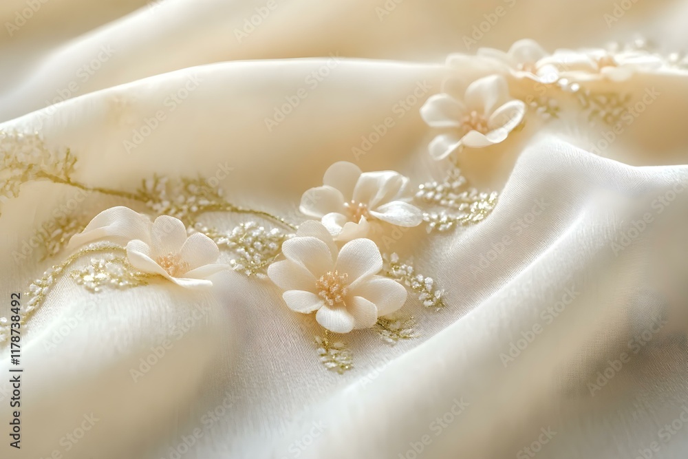 Timeless Grace: Delicate Floral Adornments on Creamy Fabric Timeless Grace: Delicate Floral Adornments on Creamy Fabric