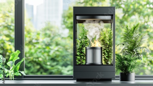 Wallpaper Mural furnace filters clean air health Concept. Modern air purifier with plants, enhancing indoor air quality and aesthetics in a bright, green setting. Torontodigital.ca