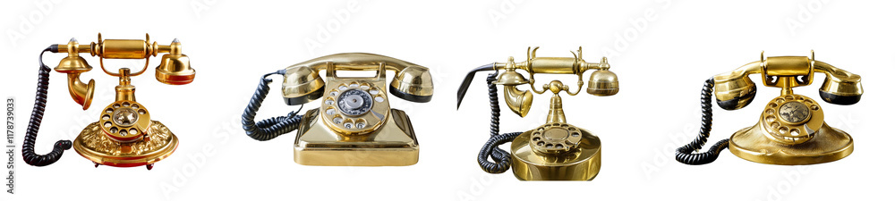 Close-up of an old fashioned gold phone against on transparent background top view Close-up of an old fashioned gold phone against on transparent background top view