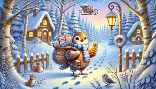 A Serene Winter Forest with a Cheerful Bird Mail Carrier Delivering Magical Parcels in a Whimsical Pastel Illustration