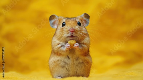 Adorable Hamster Enjoying a Treat Against a Yellow Background photo