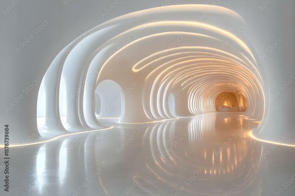 Fototapeta premium Radiant Serenity: Modern White Architecture Interior with Glowing Arches