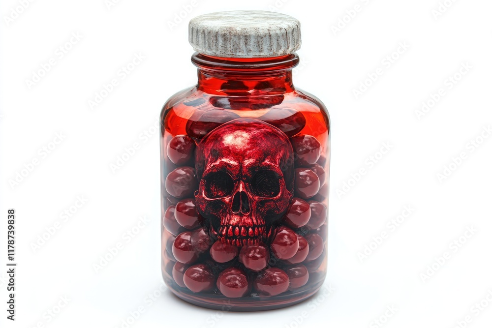 Red glass bottle filled with red pills and a skull Red glass bottle filled with red pills and a skull