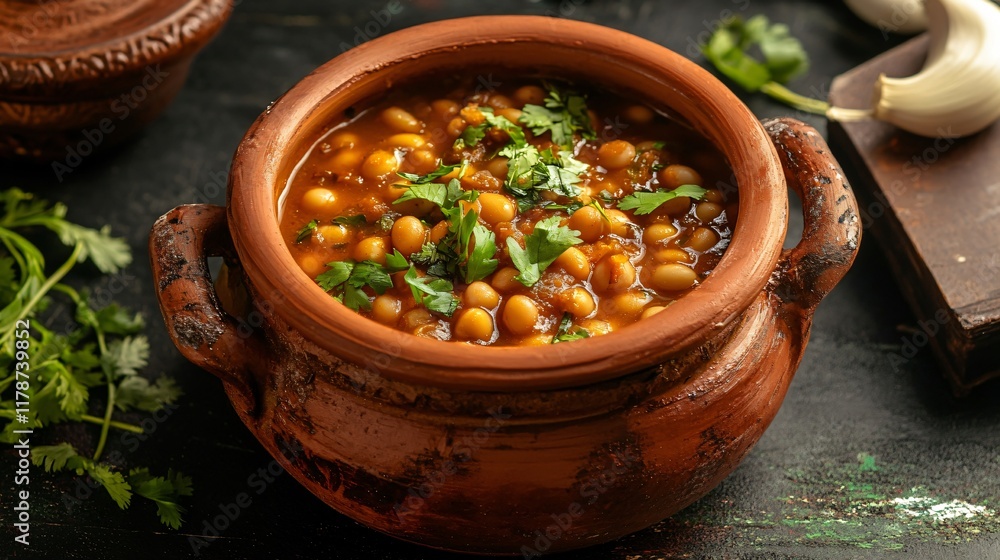 Black-eyed peas cooked in a clay pot, isolated with decorative herbs on the side Black-eyed peas cooked in a clay pot, isolated with decorative herbs on the side