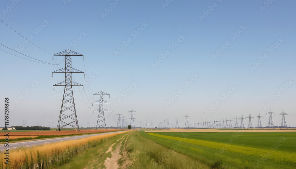 Panoramic view of a row of electricity pylons next to a road in the french countryside with dozens of other pylons in the distance under a clear blue sky, one line art, with white tones Panoramic view of a row of electricity pylons next to a road in the french countryside with dozens of other pylons in the distance under a clear blue sky, one line art, with white tones