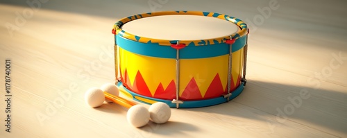 A brightly colored toy drum with soft mallets resting on a light wooden floor with soft lighting highlighting its details photo